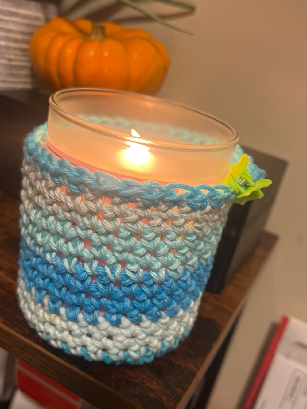 Handmade Blue Gradient Crochet Candle Sleeve with Green Accent